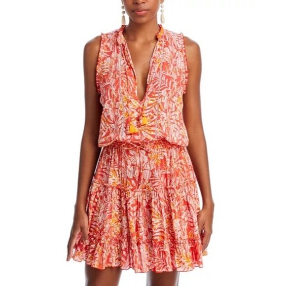 Poupette St Barth Womens Size Small Orange Clara Palm Print Tiered Mini Dress - Picture 1 of 3